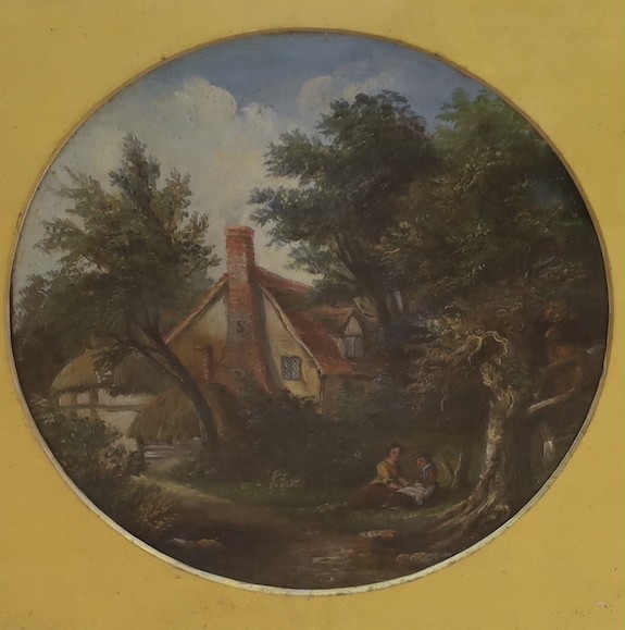 After Morland, pair of oils on board, Figures in woodland, tondo, 19.5cm